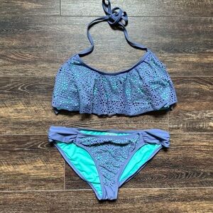 Hot Water Bikini Set Size L Blue Teal Laser Cut Flounce Halter Swimwear